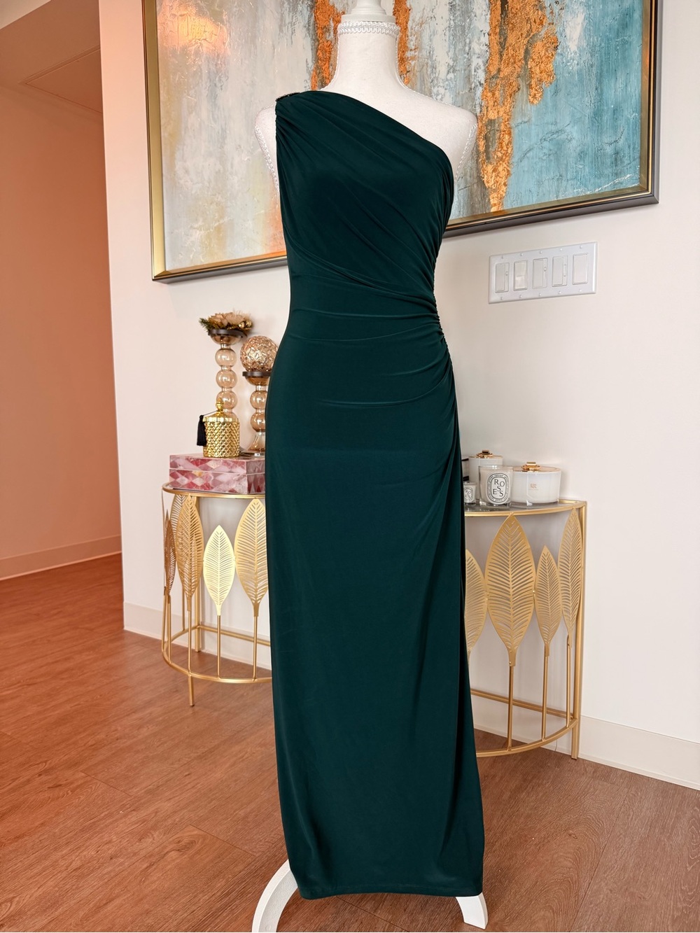 One-Shoulder Emerald Green Evening Gown -Ralph Lauren
